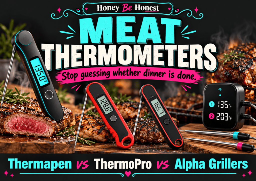 Honey Be Honest meat thermometer comparison cover: Thermapen vs ThermoPro vs Alpha Grillers
