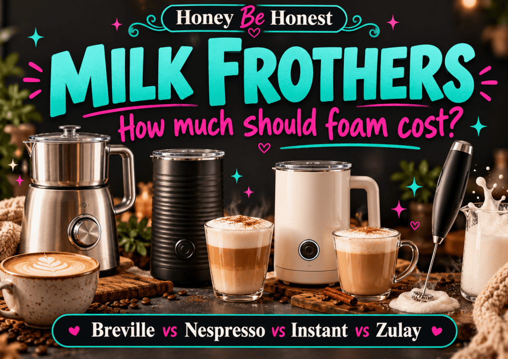 Honey Be Honest milk frother comparison cover: Breville vs Nespresso vs Instant vs Zulay