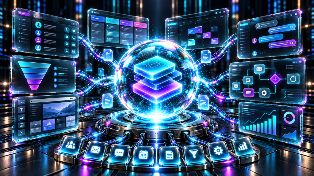 Iridescent HighLevel-style business command hub with polished metal hardware, glass dashboards, CRM, calendar, automation, and analytics panels.