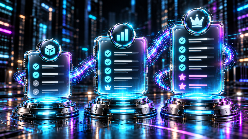 Three realistic holographic software pricing tiers with polished metal podiums and iridescent glass panels in a futuristic cyan and violet interface.