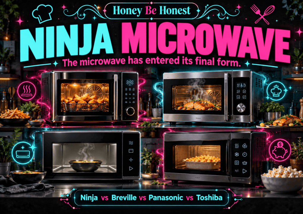 Honey Be Honest microwave comparison cover: Ninja vs Breville vs Panasonic vs Toshiba