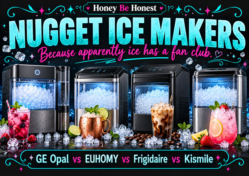 Honey Be Honest nugget ice maker comparison cover: GE Opal vs EUHOMY vs Frigidaire vs Kismile