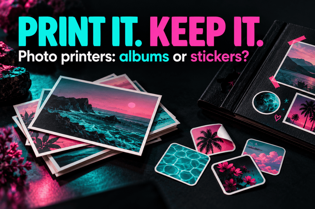 Conceptual album prints and stickers under the headline Print It. Keep It.; not actual printer output.
