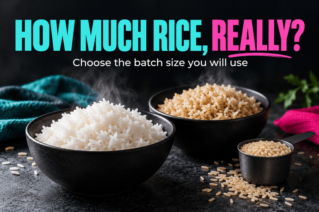 Conceptual bowls of white and brown rice with the headline How Much Rice, Really?; not actual cooker results.