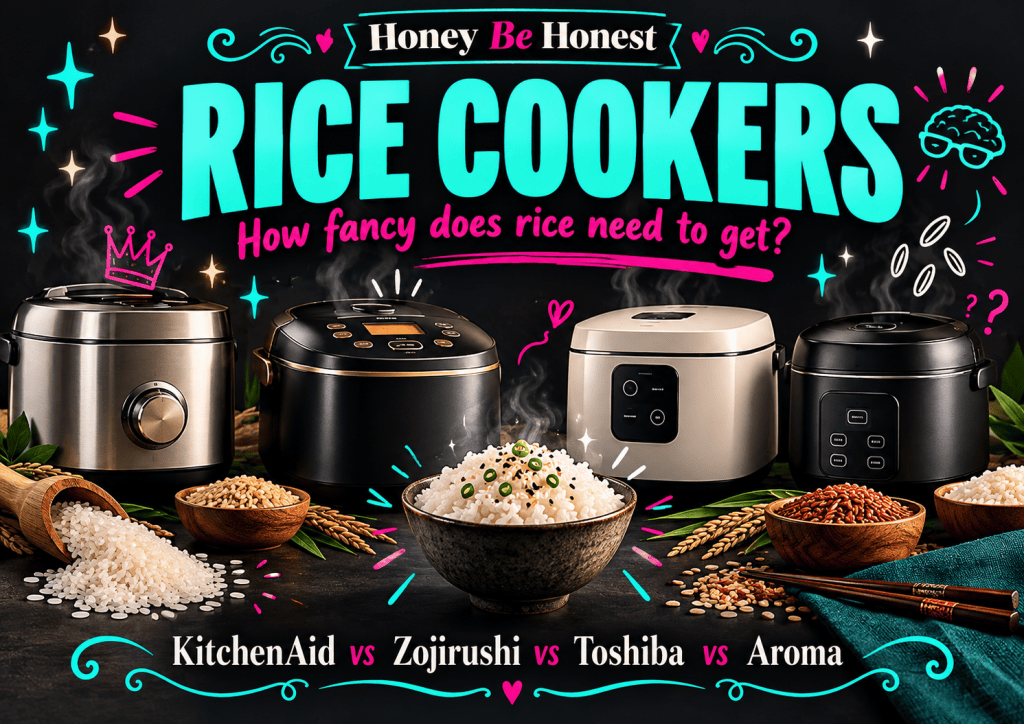 Honey Be Honest rice cooker comparison cover: KitchenAid vs Zojirushi vs Toshiba vs Aroma