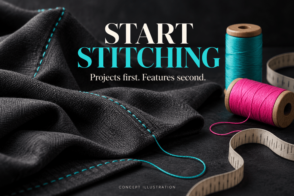 Conceptual fabric, turquoise seam and thread spools with the headline Start Stitching.