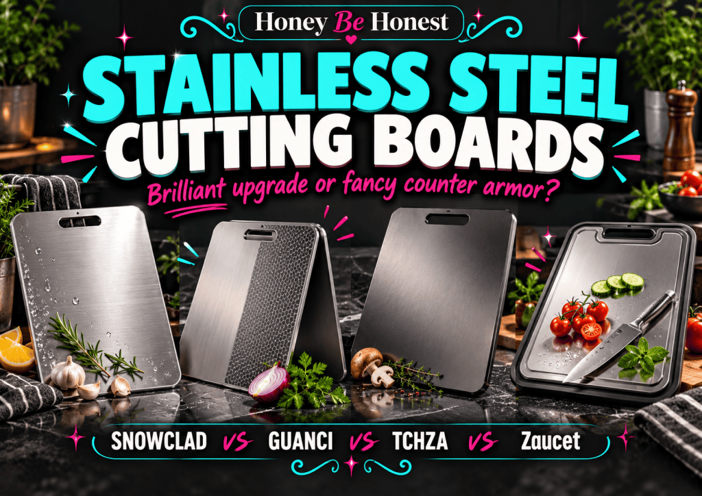 Honey Be Honest stainless steel cutting board comparison cover: SNOWCLAD vs GUANCI vs TCHZA vs Zaucet