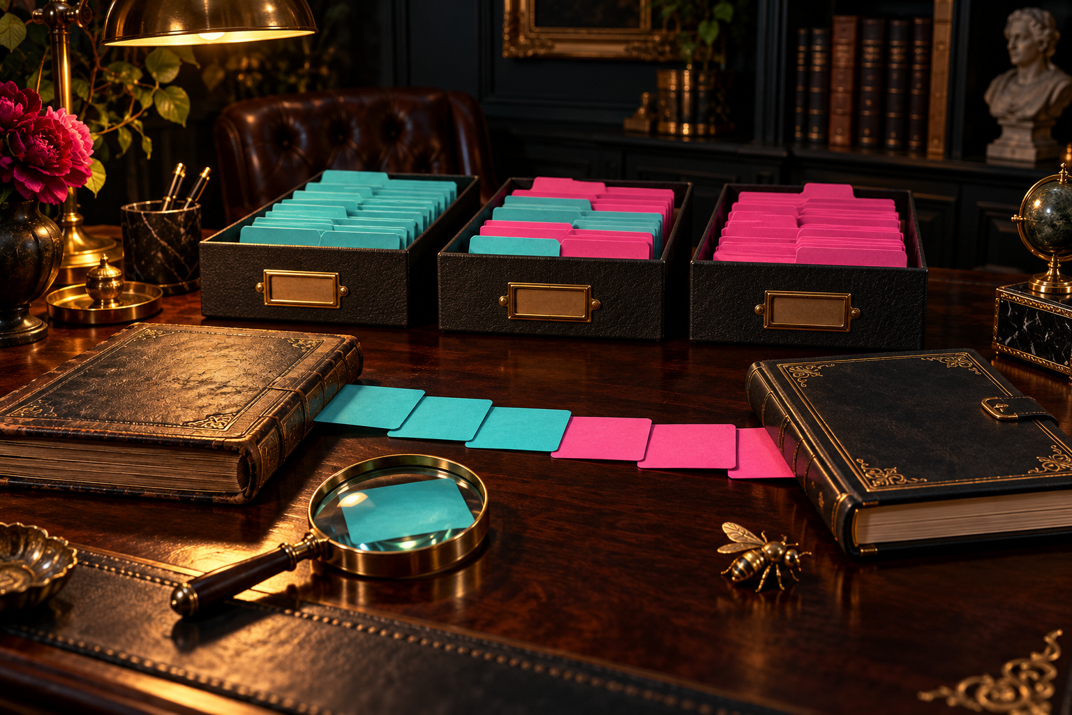 Conceptual dark study with turquoise and pink index cards sorted in three trays between two ledgers.