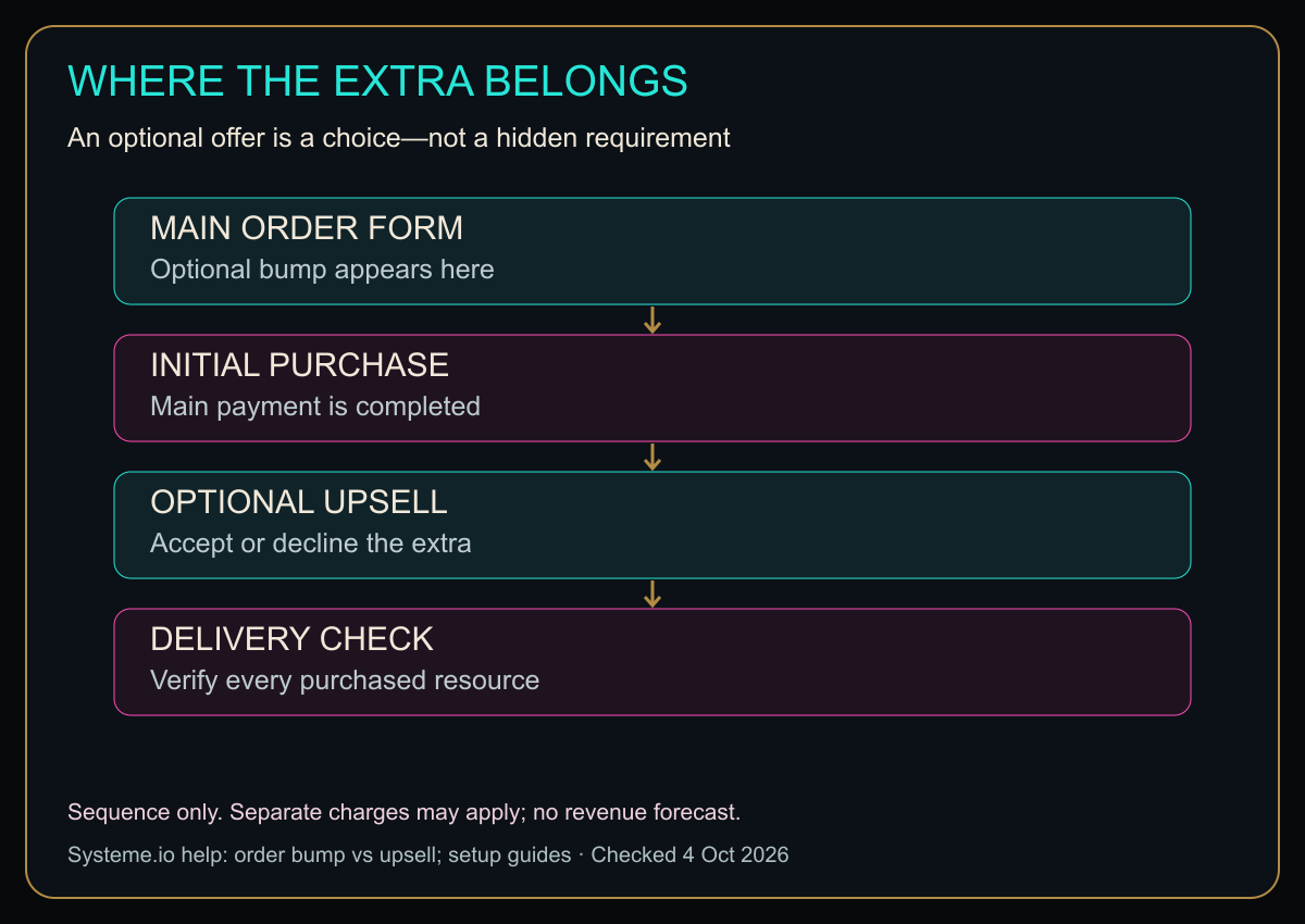 Decision sequence showing a bump before payment and an optional upsell after the initial purchase.