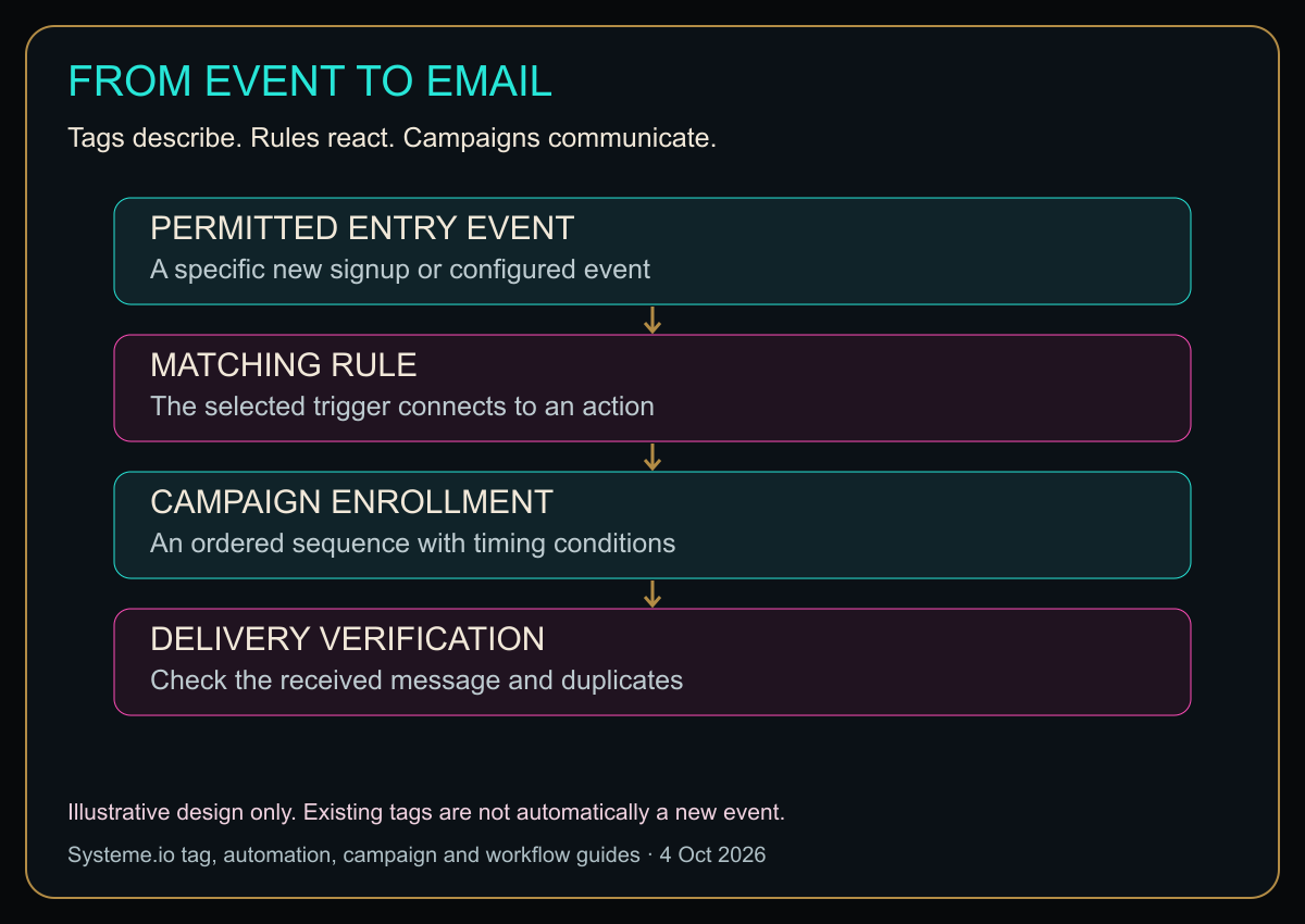 A four-stage automation sequence: permitted event, matching rule, campaign enrollment and verified delivery.